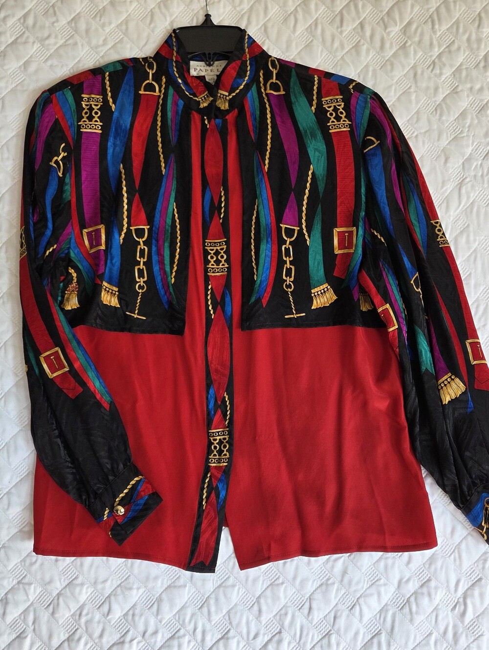 Vtg Adrianna Papell 100% Silk Blouse Shirt Sz 8 Red Jewel Tone Equestrian Print